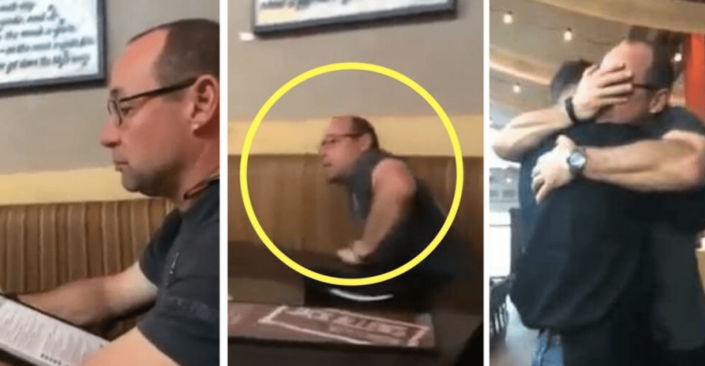 Father is waiting impatiently to order – when the waiter turns around, the tears begin to pour down his cheeks