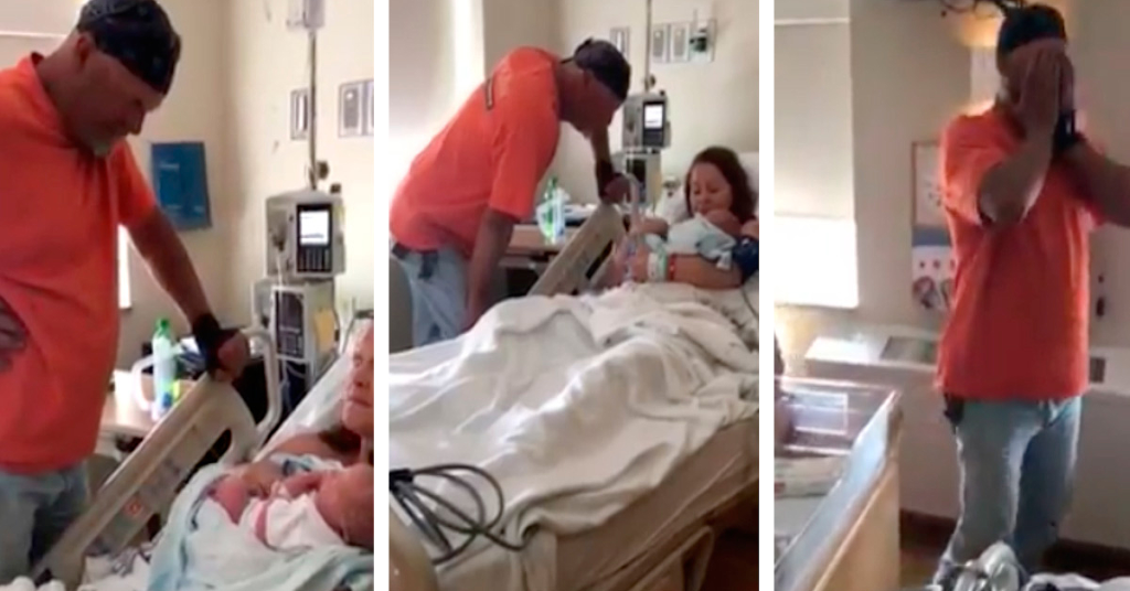 Excited Man Meets New Grandchild, Suddenly Realizes Its A Boy And Not A Girl Like They Had Told Him