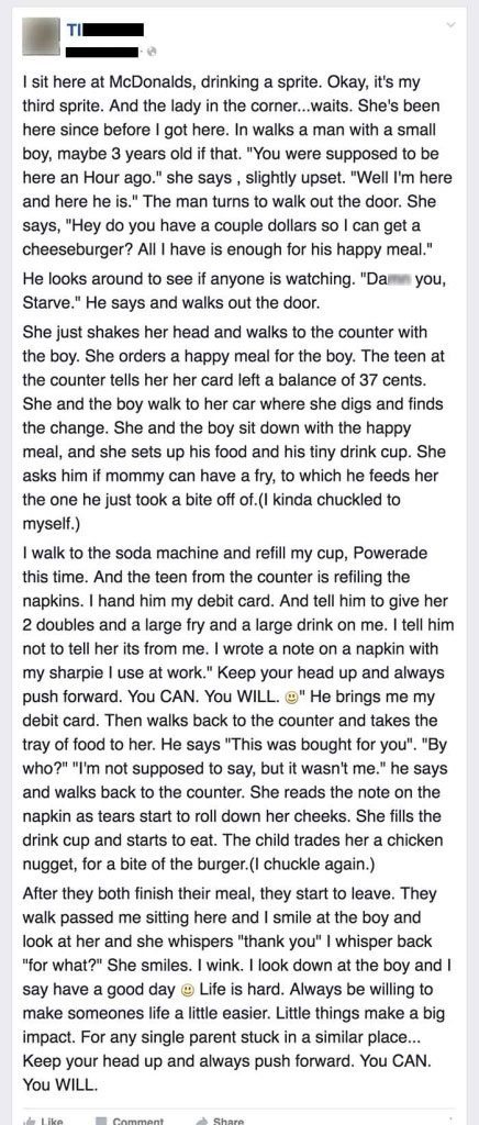 Struggling Mother Can’t Afford McDonald’s Then Someone Pays For Her Food And Tells Cashier To Give Her A Note